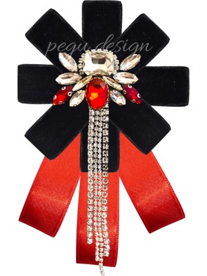 Pegu Kırmızı Satenli Siyah Kadife Kadın Broş,yaka Iğnesi ,papyon/kravat
