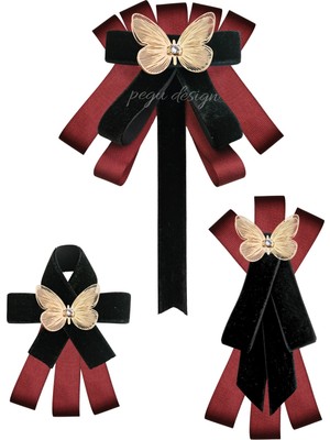 Pegu Kelebekli 3 Lü Siyah Kadife Broş Set Kristal Taş,papyon Kravat Yakalık Yaka Iğnesi Kadın Broş