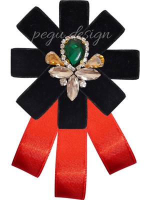 Pegu Kırmızı Satenli Siyah Kadife Kadın Broş,yaka Iğnesi ,papyon/kravat