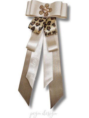 Pegu Luxury Ekru Leopar Saten Kurdele Incili Çiçekli Yaka Broş,papyon,kravat ..
