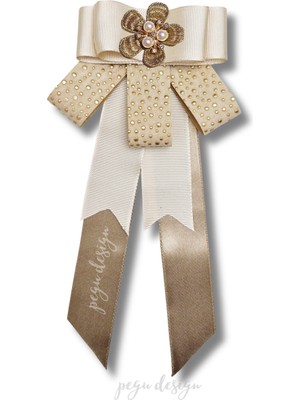 Pegu Luxury Ekru Grogren Kurdele Incili Çiçekli Yaka Broş,papyon,kravat ..