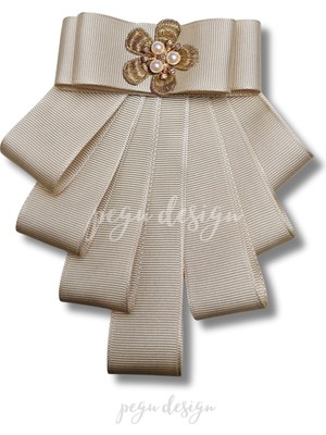 Pegu Luxury Ekru Grogren Kurdele Incili Çiçekli Yaka Broş,papyon,kravat ..