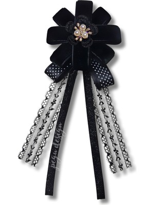 Pegu Luxury Siyah Dantelli Kurdele Incili Çiçekli Yaka Broş,papyon,kravat ..