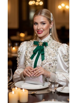 Pegu Yeşil Saten Kurdele Incili Çiçekli Yaka Broş,papyon,kravat ..