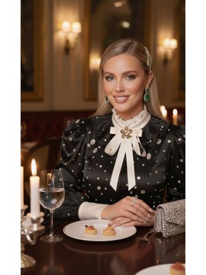 Pegu Ekru Grogren Kurdele Incili Çiçekli Yaka Broş,papyon,kravat ..