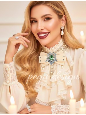 Pegu Ekru Kadife , Yanlar Inci Sallantılı Kristal Taşlı ,kadın Papyon,broş,yeniyıl Kutlama,kravat