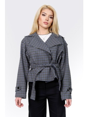 Kadın Trençkot Kısa Kadın Ceket Kruvaze Apoletli Astarlı Düğmeli Belden Bağlamalı Tesettür Lotus