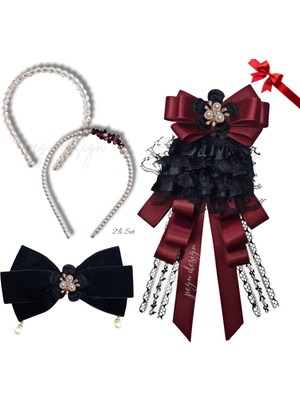 Pegu 4 Lü Set Incili Taç,çiçekli Yaka Broş,kadife Otomatik Toka,sevgililer Günü Hediye