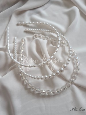 Pegu 3 Lü Set Sıralı Inci Taç , Gelin,davet ,kutlama ,günlük,