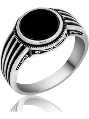 Inure Jewelry Gümüş Siyah Taşlı Çizgili Erkek Yüzük