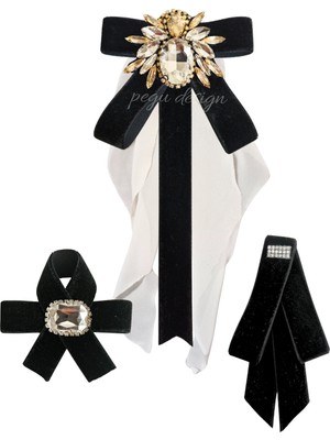 Pegu 3 Lü Siyah Kadife Broş Setkristal Taş,papyon Kravat Yakalık Yaka Iğnesi Kadın Broş