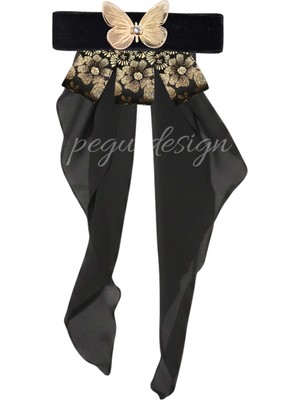 Pegu Kelebek Figürlü Kadife Broş , Kenarları Tırtıklı Özel Tasarım Şifon Kumaşlı