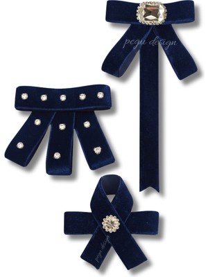 Pegu 3 Lü Lacivert Kadife Broş Set Kristal Taş,papyon Kravat Yakalık Yaka Iğnesi Kadın Broş