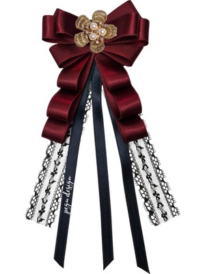 Pegu Luxury Bordo Saten Dantelli Kurdele Incili Çiçekli Yaka Broş,papyon,kravat ..