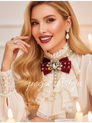 Pegu Bordo Kadife , Yanlar Inci Sallantılı Kristal Taşlı ,kadın Papyon,broş,yeniyıl Kutlama,kravat