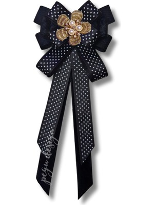 Pegu Luxury Siyah Kurdele Incili Çiçekli Yaka Broş,papyon,kravat ..