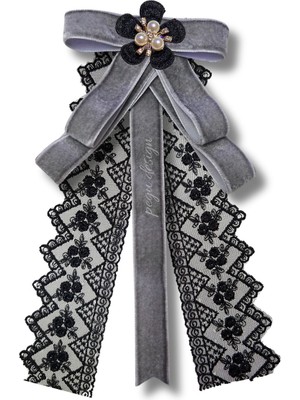 Pegu Gri Kadife Kurdele Dantel Güpürlü Incili Çiçekli Yaka Broş,papyon,kravat ..