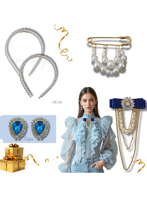 Pegu 5 Li Set Incili Taç,yaka Broş,iskoç Iğnesi ,çift Küpe Sevgililer Günü Hediye