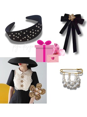 Pegu 4 Lü Set Kadife Taç,çiçekli Yaka ve Düğme Broş,kadife Otomatik Toka,sevgililer Günü Hediye