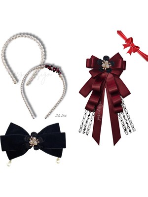 Pegu 4 Lü Set Incili Taç,çiçekli Yaka Broş,kadife Otomatik Toka,sevgililer Günü Hediye