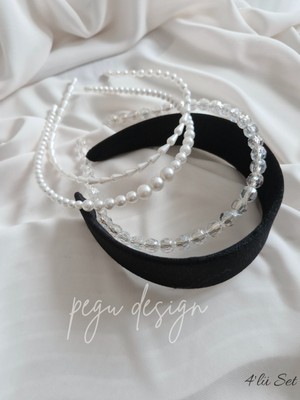 Pegu 4 Lü Set Geniş Kadife Taç ve Sıralı Inci Taç , Gelin,davet ,kutlama ,günlük,