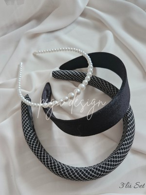 Pegu 3 Lü Set Geniş Kadife, Dolgulu Taç ve Sıralı Inci Taç , Gelin,davet ,kutlama ,günlük,