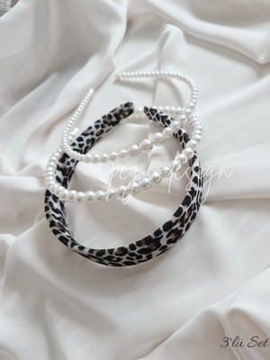 Pegu 3 Lü Set Kadife Leopar Desen ve Sıralı Inci Taç , Gelin,davet ,kutlama ,günlük,