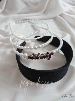 Pegu 4 Lü Set Geniş Kadife Taç ve Sıralı Inci Taç , Gelin,davet ,kutlama ,günlük,