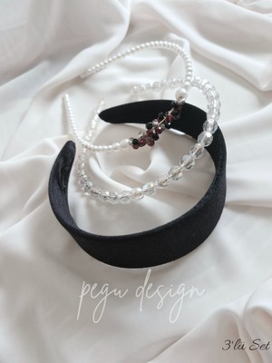 Pegu 3 Lü Set Geniş Kadife Siyahve Sıralı Inci Taç , Gelin,davet ,kutlama ,günlük,