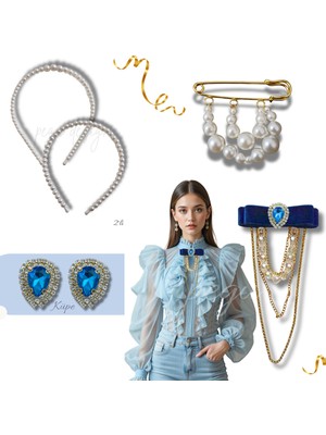 Pegu 5 Li Set Incili Taç,yaka Broş,iskoç Iğnesi ,çift Küpe Sevgililer Günü Hediye