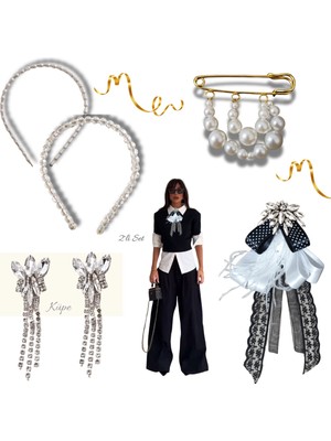 Pegu 5 Li Set Incili Taç,yaka Broş,iskoç Iğnesi ,çift Küpe Sevgililer Günü Hediye