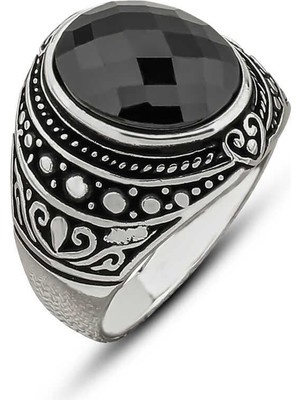 Inure Jewelry Gümüş Siyah Zirkon Taşlı Oval Erkek Yüzük