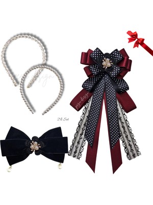 Pegu 4 Lü Set Incili Taç,çiçekli Yaka Broş,kadife Otomatik Toka,sevgililer Günü Hediye