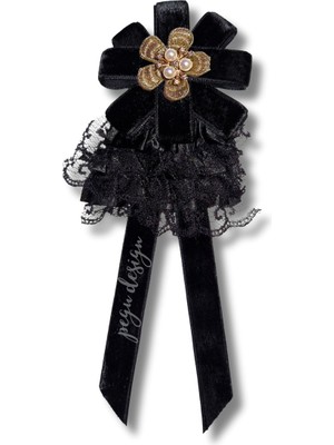 Pegu Luxury Siyah Dantelli Kurdele Incili Çiçekli Yaka Broş,papyon,kravat ..