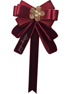 Pegu Elite Bordo Kadife Kurdele Incili Çiçekli Yaka Broş,papyon,kravat ..