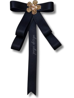 Pegu Siyah Saten Kurdele Incili Çiçekli Yaka Broş,papyon,kravat ..