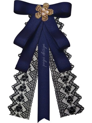 Pegu Lacivert Grogren Kurdele Dantel Güpürlü Incili Çiçekli Yaka Broş,papyon,kravat ..