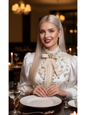 Pegu Ekru Grogren Kurdele Incili Çiçekli Yaka Broş,papyon,kravat ..