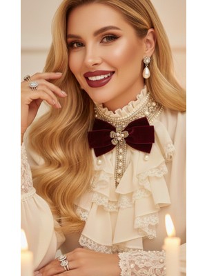 Pegu Bordo Kadife Incili Çiçekli Yaka Broş,papyon,kravat ..