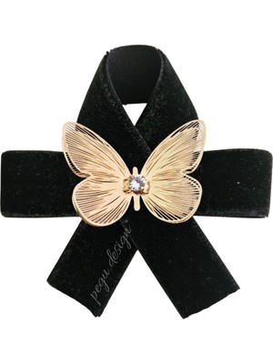Pegu Kadın Kelebekli Siyah Kadife Broş Set Kristal Taşlı Tekstil Aksesuarı Modern Tasarım