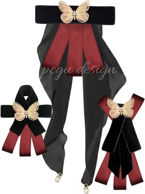 Pegu Kelebekli 3 Lü Siyah Kadife Broş Set Kristal Taş,papyon Kravat Yakalık Yaka Iğnesi Kadın Broş