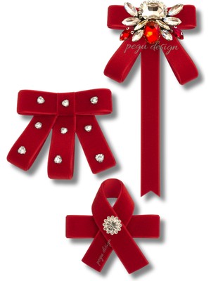 Pegu 3 Lü Kırmızı Kadife Broş Set Kristal Taş,papyon Kravat Yakalık Yaka Iğnesi Kadın Broş