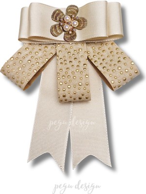 Pegu Luxury Ekru Grogren Kurdele Incili Çiçekli Yaka Broş,papyon,kravat ..