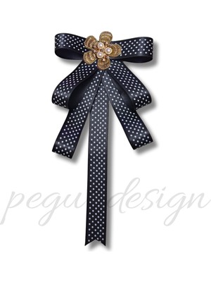 Pegu Puantiyeli Siyah Saten Kurdele Incili Çiçekli Yaka Broş,papyon,kravat ..