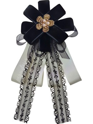 Pegu Luxury Siyah Dantelli Kurdele Incili Çiçekli Yaka Broş,papyon,kravat ..