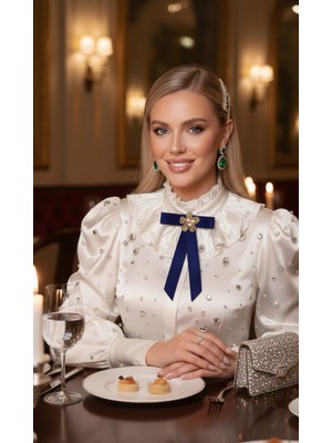 Pegu Lacivert Grogren Kurdele Incili Çiçekli Yaka Broş,papyon,kravat ..