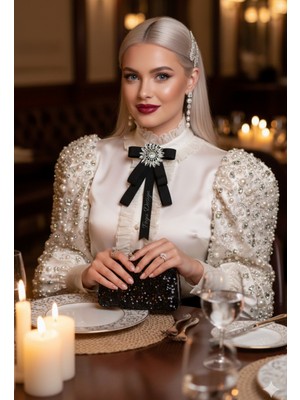 Pegu Siyah Kristal Taşlı Kurdele Broş,yaka Iğnesi ,yılbaşı Kutlama,okul,ofis