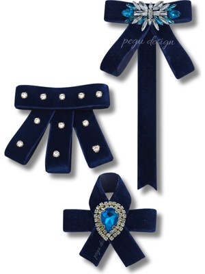 Pegu 3 Lü Lacivert Kadife Broş Set Kristal Taş,papyon Kravat Yakalık Yaka Iğnesi Kadın Broş