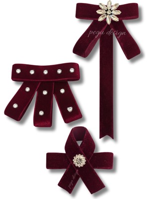 Pegu 3 Lü Bordo Kadife Broş Set Kristal Taş,papyon Kravat Yakalık Yaka Iğnesi Kadın Broş
