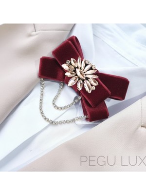 Pegu Bordo Kadife ,kristal Taşlı ,kadın Papyon,broş,yaka Iğnesi,kravat